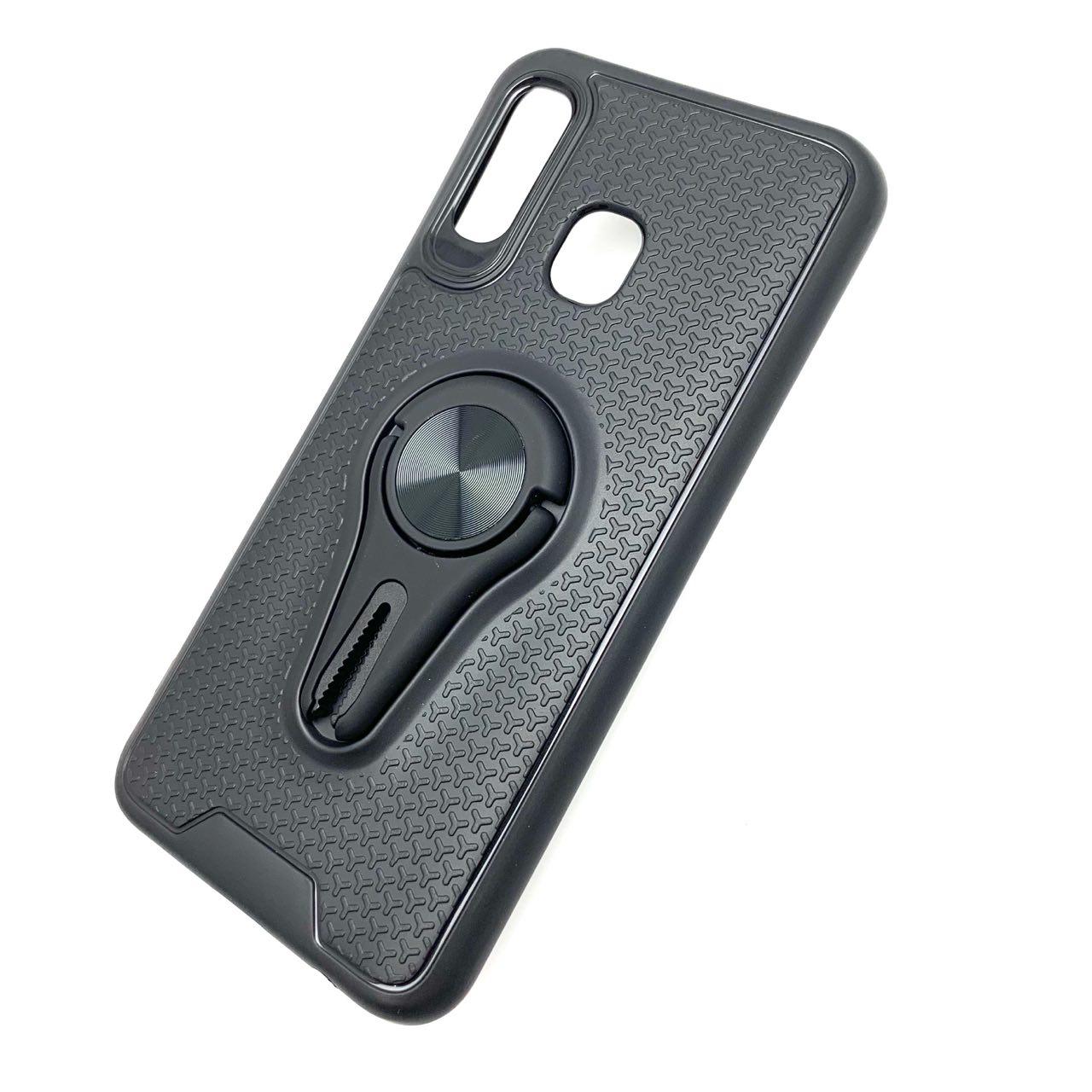 Чехол-накладка FC для SAMSUNG Galaxy A40 2019 (SM-A405), силиконовая с подставкой-держателем и металлической вставкой для магнитного держателя, цвет чёрный.