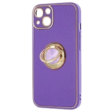 Чехол накладка для APPLE iPhone 13 (6.1"), силикон, пластик, экокожа, металл, кольцо держатель, защита камеры, цвет фиолетовый