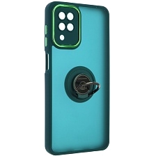 Чехол накладка KING для SAMSUNG Galaxy A12, M12, силикон, пластик, кольцо держатель, защита камеры, цвет окантовки темно зеленый