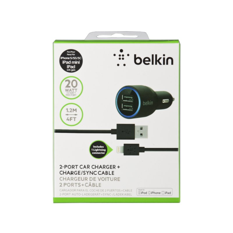 АЗУ "Belkin" 4.2A с двумя USB выходами + USB кабель Apple 8 pin (F8J071bt04-BLK) (черный/коробка).