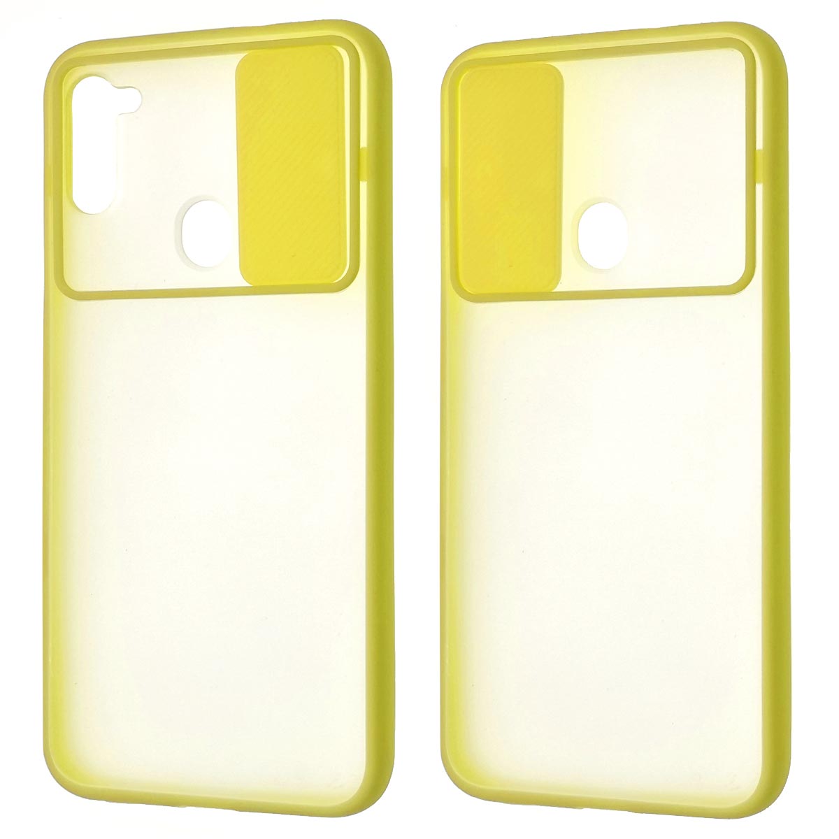 Чехол накладка для SAMSUNG Galaxy A11 (SM-A115), Galaxy M11 (M115), силикон, пластик, матовый, со шторкой для защиты задней камеры, цвет окантовки желтый