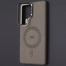 Чехол накладка Modern Stylish с поддержкой MagSafe для SAMSUNG GALAXY S25 ULTRA, защита камеры, подставка, экокожа, бархат, цвет серый