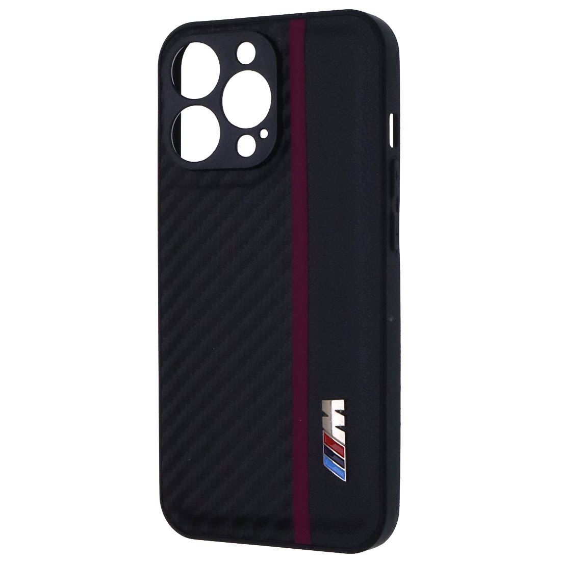 Чехол накладка для APPLE iPhone 13 Pro, силикон, карбон, экокожа, защита камеры, знак BMW M серии, цвет черный с бордовой полоской