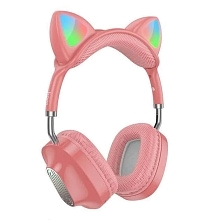 Гарнитура (наушники с микрофоном) беспроводная, полноразмерная, HOCO ESD13 Skill cat ear, светящиеся ушки, цвет розовый