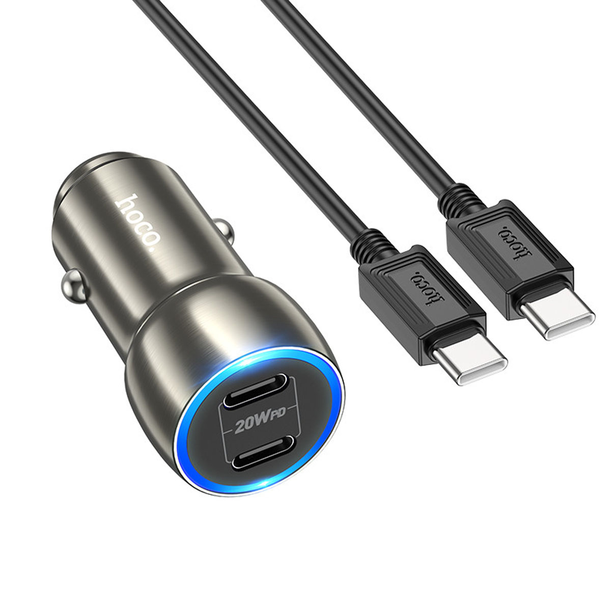 АЗУ (Автомобильное зарядное устройство) HOCO Z48 Tough кабелем USB Type C на USB Type C, 40W, 2 USB Type C, длина 1 метр, цвет темно серебристый