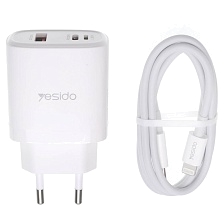 СЗУ (Сетевое зарядное устройство) YESIDO YC52 с кабелем USB Type C на Lightning 8 pin, 30W, 1 USB Type C, 1 USB, 1 Lightning 8 pin, длина 1 метр, цвет белый