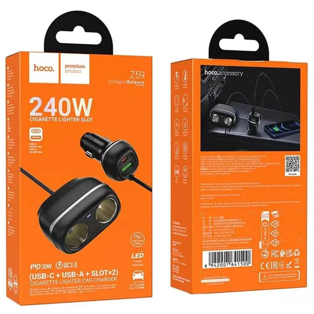 Автомобильный разветвитель с кабелем HOCO Z59, 240W 12/24V 2 выхода, 1 USB, 1 Type-C, PD30W, QC3.0, длина кабеля 75 см, цвет черный