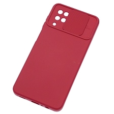 Чехол накладка для SAMSUNG Galaxy A12, M12, силикон, бархат, со шторкой для защиты задней камеры, цвет вишневый