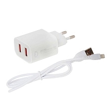 СЗУ (Сетевое зарядное устройство) DENMEN DC05L, 2.4A, 2 USB, кабель Lightning 8 pin, цвет белый
