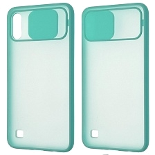 Чехол накладка для SAMSUNG Galaxy A10 (SM-A105), M10 (SM-M105), силикон, пластик, матовый, со шторкой для защиты задней камеры, цвет окантовки бирюзовый