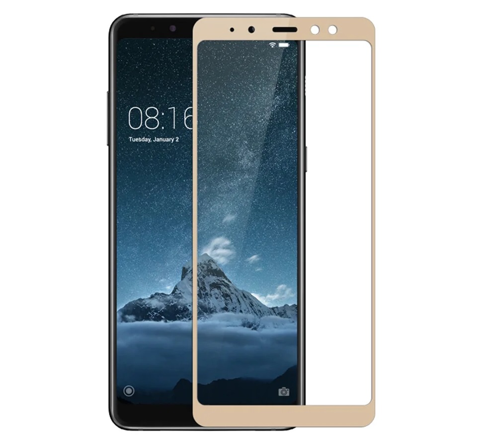 Защитное стекло "5D" GLASS FULL GLUE для SAMSUNG Galaxy A8 Plus (SM-A730), цвет канта золотистый.