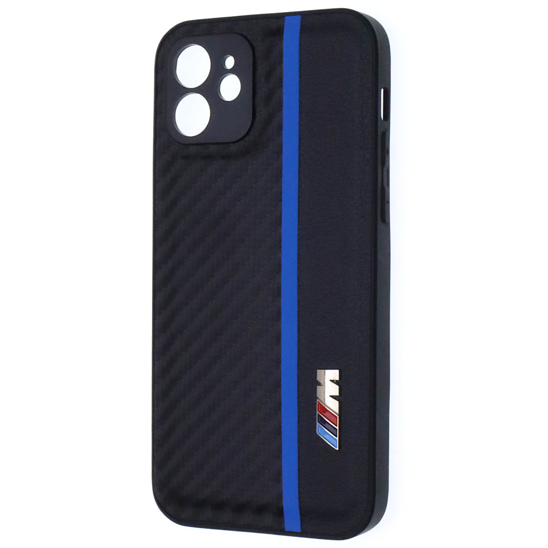 Чехол накладка для APPLE iPhone 12, силикон, карбон, экокожа, защита камеры, знак БМВ M серии, цвет черный с синей полоской