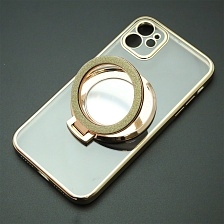 Чехол накладка для APPLE iPhone 11, силикон, защита камеры, кольцо держатель, прозрачный, цвет окантовки золотистый