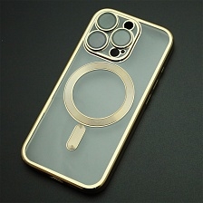 Чехол накладка FASHION CASE для APPLE iPhone 16 Pro, с поддержкой MagSafe, силикон, защита камеры, прозрачный, цвет окантовки золотистый