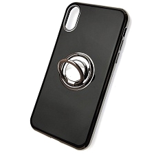 Чехол накладка для APPLE iPhone X, XS, силикон, глянец, с логотипом, кольцо держатель, цвет черный.