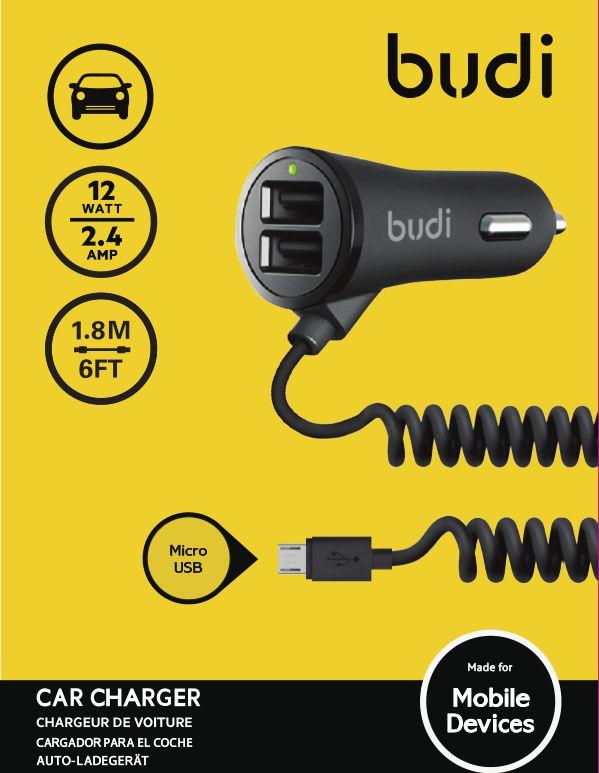 АЗУ "budi" 2.4A с двумя USB выходами 2.4A (M8J068M Rev.A00) с витым кабель Micro USB 1.8 метра, чёрного цвета.