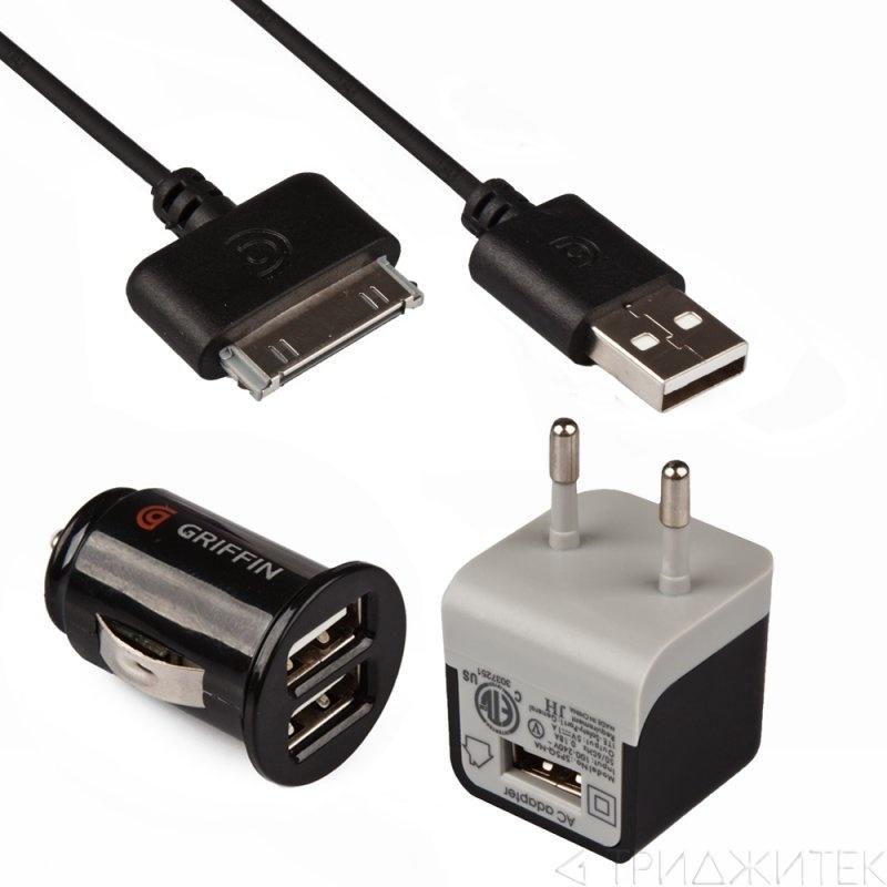 Комплект зарядных устройств "Griffin" 2,1A для Apple 30 pin сеть/авто/кабель (коробка/черный).