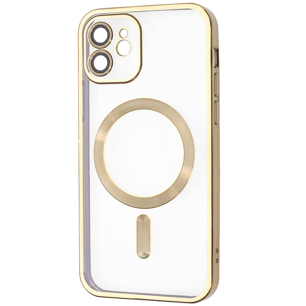 Чехол накладка FASHION CASE с поддержкой MagSafe для APPLE iPhone 12, силикон, защита камеры, цвет окантовки золотистый