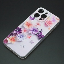 Чехол накладка для APPLE iPhone 15 Pro Max, защита камеры, силикон, рисунок цветы и бабочки