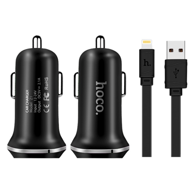 HOCO Z1 АЗУ (автомобильное зарядное устройство) 2 USB порта + Дата-кабель APPLE Lightning 8-pin 1 метр, чёрного цвета.