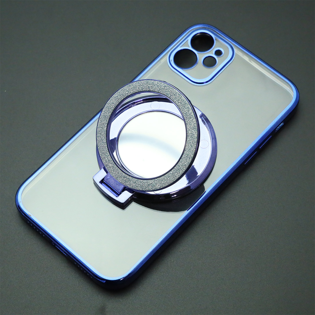 Чехол накладка для APPLE iPhone 11, силикон, защита камеры, кольцо держатель, прозрачный, цвет окантовки синий