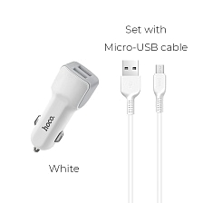 HOCO Z23 Grand style АЗУ (Автомобильное зарядное устройство) 2 USB, 2.4A с кабелем Micro USB, цвет белый.