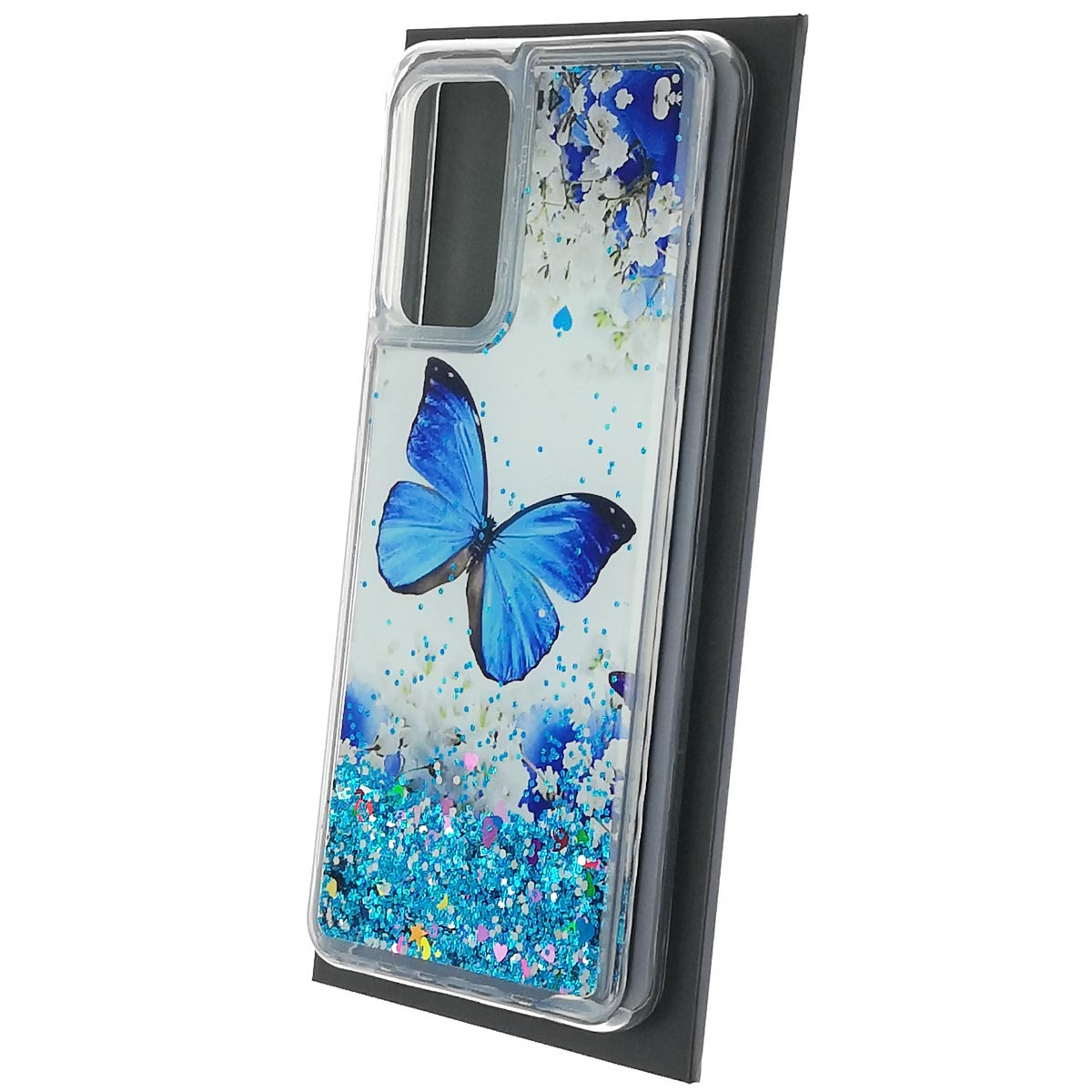 Чехол накладка для SAMSUNG Galaxy A52 (SM-A525F), силикон, переливашка, блестки, рисунок синяя бабочка и цветы