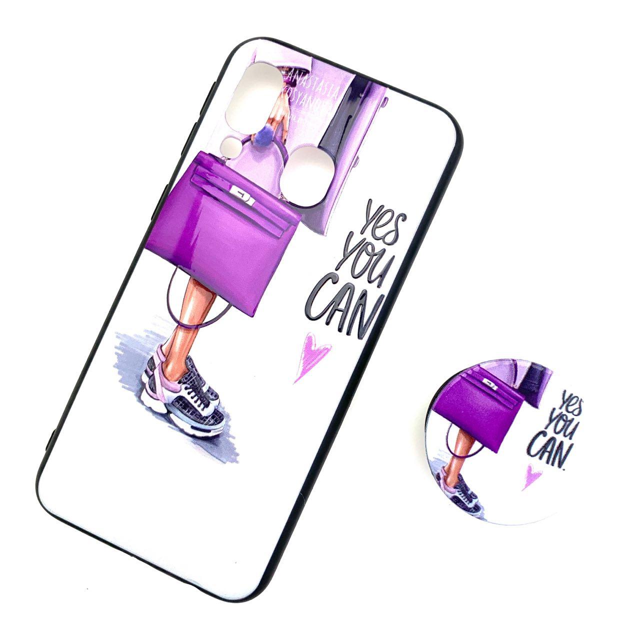 Чехол накладка для SAMSUNG Galaxy A40 (SM-A405), силикон, с поп сокетом, рисунок Девушка с фиолетовой сумкой.