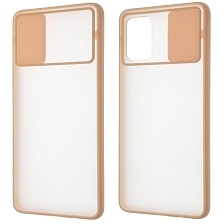Чехол накладка для SAMSUNG Galaxy A71 (SM-A715), силикон, пластик, матовый, со шторкой для защиты задней камеры, цвет окантовки персиковый