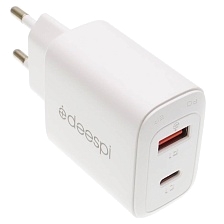 СЗУ (Сетевое зарядное устройство) DEESPI GaN25, 50W, 1 USB, 1 USB Type C, PD, QC3.0, цвет белый