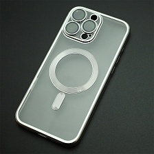 Чехол накладка FASHION CASE для APPLE iPhone 16 Pro Max, с поддержкой MagSafe, силикон, защита камеры, прозрачный, цвет окантовки серебристый