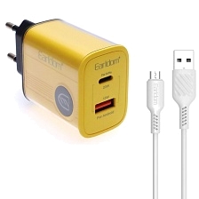 СЗУ (Сетевое зарядное устройство) EARLDOM ES-EU40M с кабелем Micro USB, PD20W, QC3.0 15W, 1 USB, 1 USB Type C, длина 1 метр, цвет черно желтый