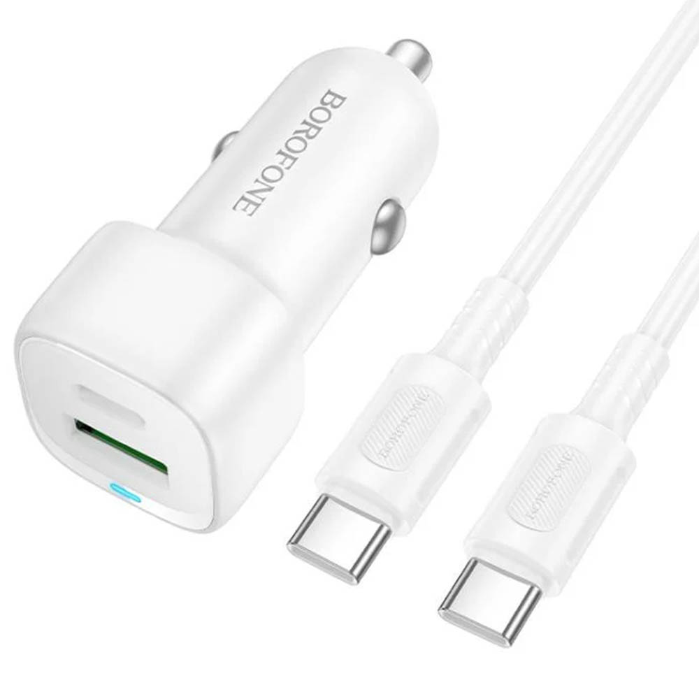 АЗУ (Автомобильное зарядное устройство) BOROFONE BZ34B Cloud с кабелем USB Type C на USB Type C, 1 USB, 1 USB Type C, PD20W, QC3.0, длина кабеля 1 метр, цвет белый