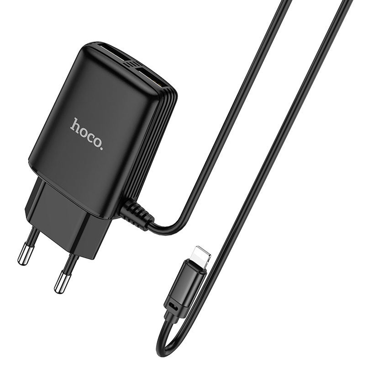 СЗУ (Сетевое зарядное устройство) HOCO C82A Real power со встроенным кабелем Lightning 8 pin, 2.4A, 2 USB, длина 1 метр, цвет черный