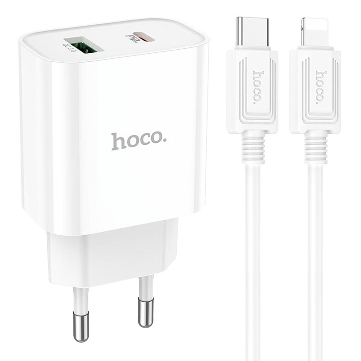 СЗУ (Сетевое зарядное устройство) HOCO C80A Plus Rapido с кабелем USB Type C на Lightning 8 pin, 20W, 1 USB Type C, 1 USB, QC3.0, PD20W, длина 1 метр, цвет белый