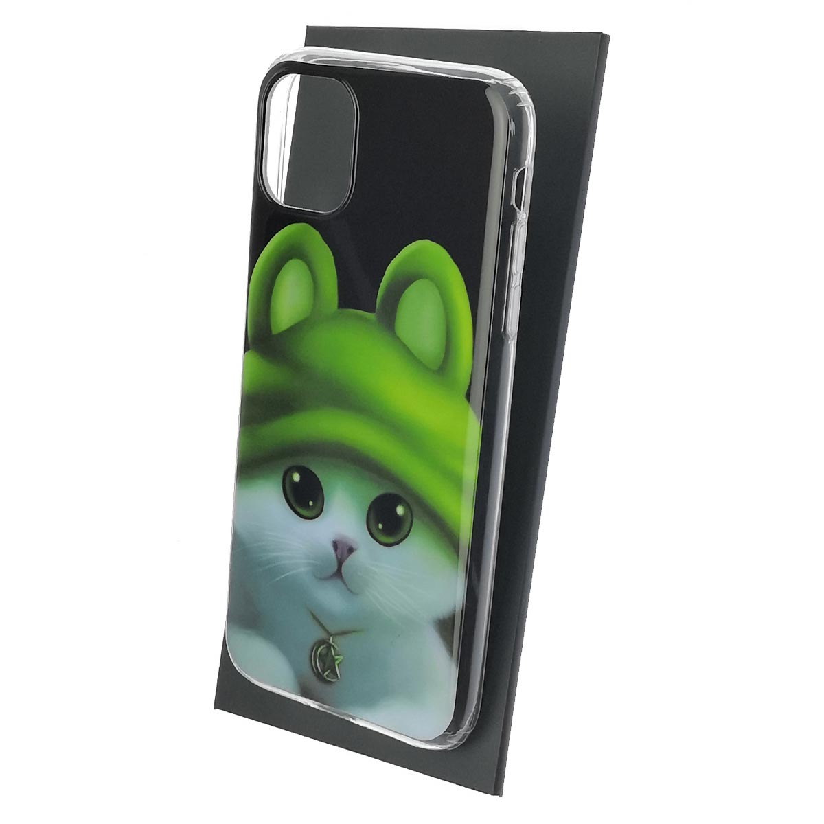 Чехол накладка для APPLE iPhone 11, силикон, глянцевый, рисунок Котенок в зеленой шапке