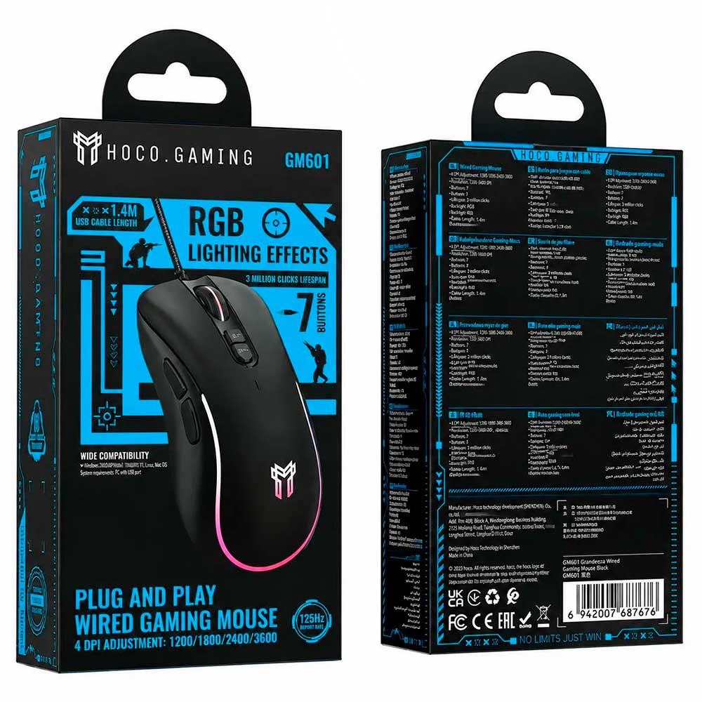 Мышь игровая HOCO GM601 Grandeza проводная, оптическая, 3600 DPI, RGB подсветка, цвет черный