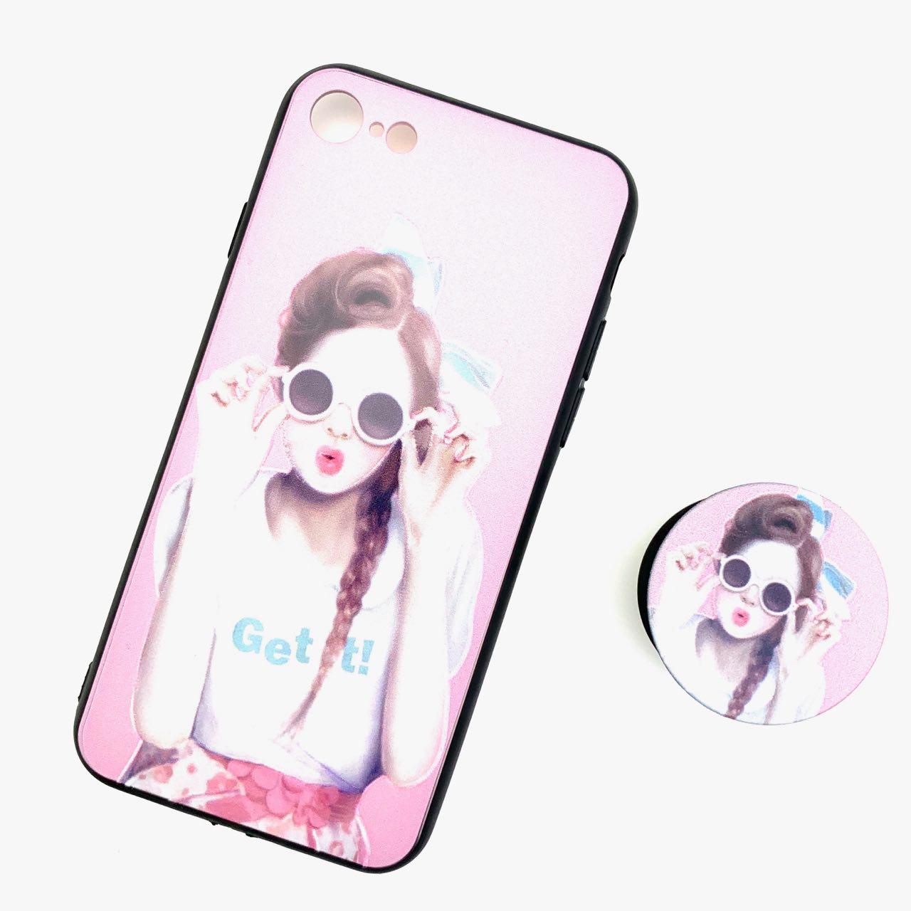 Чехол накладка для APPLE iPhone 7, 8, силикон, с поп сокетом, рисунок Девушка в круглых очках.