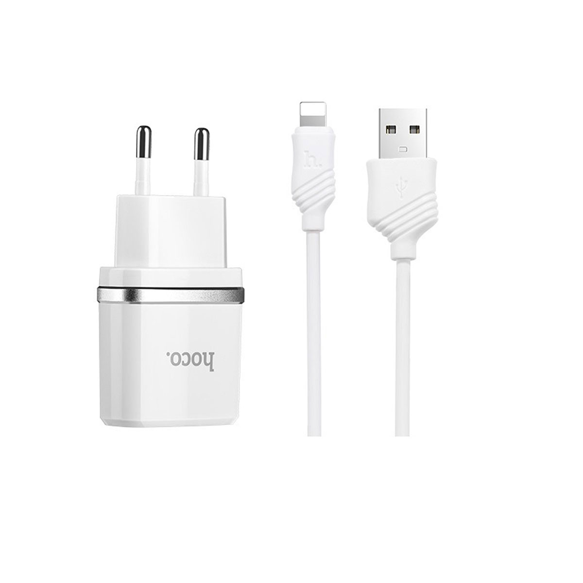 HOCO C12 Smart СЗУ (сетевое зарядное устройство) 2xUSB 2.4А с кабелем APPLE Lightning 8-pin, цвет белый