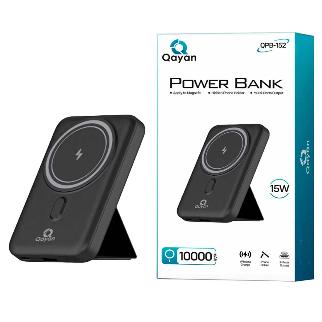 Внешний портативный аккумулятор, Power Bank QAYAN QPB-152, беспроводная зарядка 15W, 10000 mAh, подставка, цвет черный