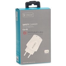 СЗУ (сетевое зарядное устройство) Celebrat CU-01EU Safety, 2 USB порта 5V 2.4A MAX, кабель Micro USB, длина 1 метр, цвет белый.