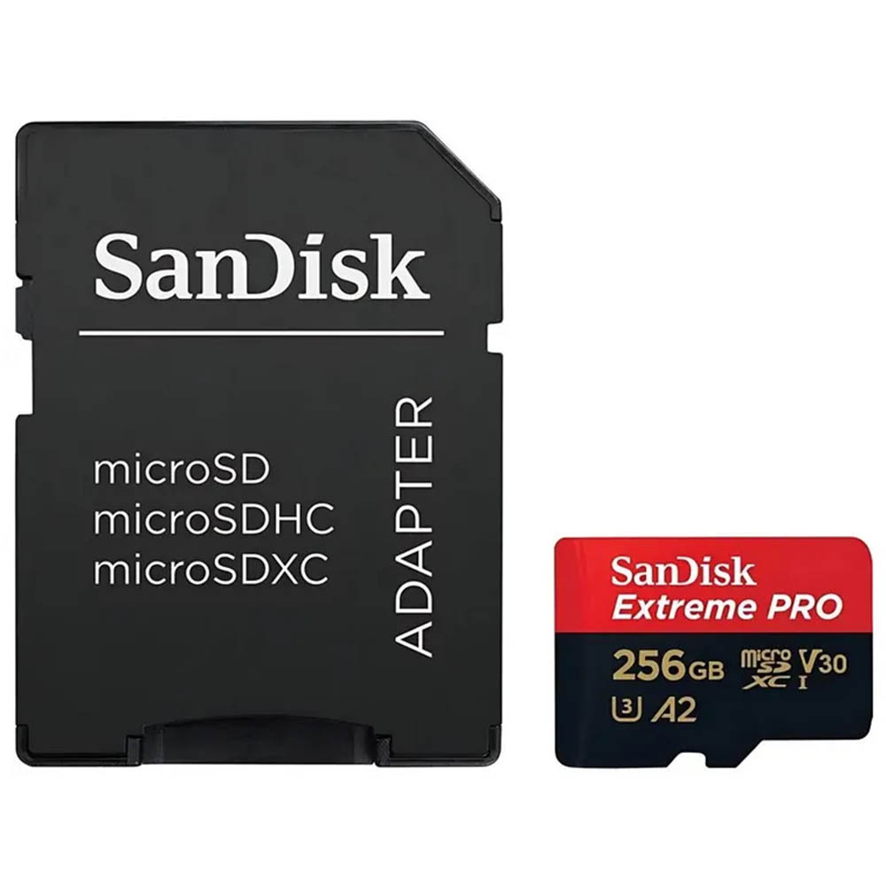 Карта памяти MicroSDXC 256GB SANDISK Extreme Pro Class 10 A2 UHS-I (U3) V30, 200 МБ/сек, цвет черно красный