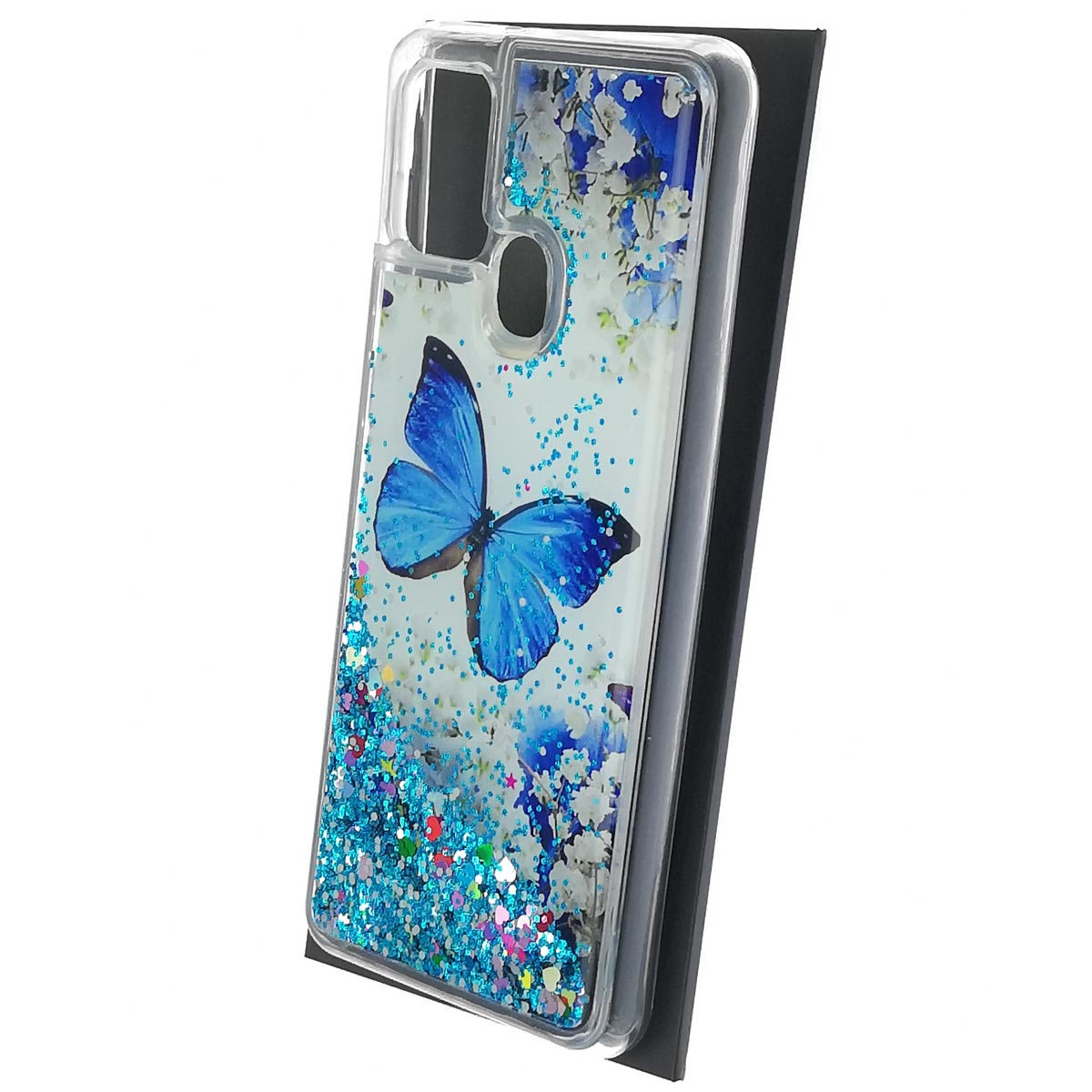 Чехол накладка для SAMSUNG Galaxy A21s (SM-A217), силикон, переливашка, блестки, рисунок синяя бабочка и цветы Чехол накладка для SAMSUNG Galaxy A21s (SM-A217), силикон, переливашка, блестки, рисунок синяя бабочка и цветы