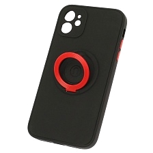 Чехол накладка для APPLE iPhone 11, силикон, с красным кольцом держателем, цвет черный