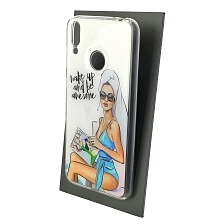 Чехол накладка для HUAWEI Honor 8C, силикон, блестки, рисунок Wake up and be awesome