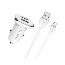 АЗУ (Автомобильное зарядное устройство) BOROFONE BZ12 Lasting power, 2 USB, с кабелем micro USB, цвет белый