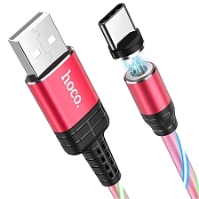 Магнитный зарядный кабель HOCO U90 USB Type C, LED подсветка, 2A, длина 1 метр, цвет красный