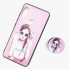 Чехол накладка для XIAOMI REDMI NOTE 5, NOTE 5 PRO, силикон, попсокет, рисунок девушка в очках.