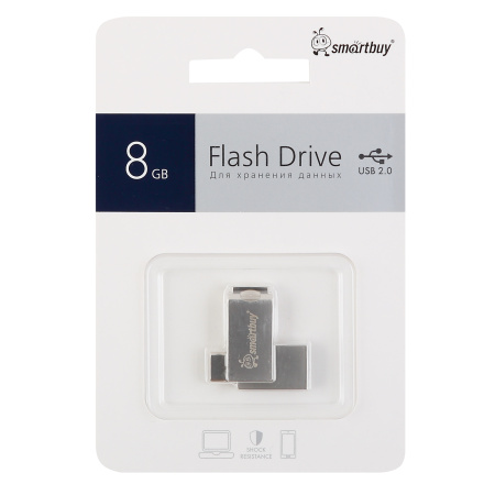 Флешка USB 2.0 8GB SMARTBUY MC25, с двумя выходами Type-C и USB-A, металл, цвет серебристый
