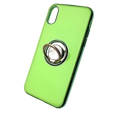 Чехол накладка для APPLE iPhone X, XS, силикон, глянец, с логотипом, кольцо держатель, цвет зеленый.